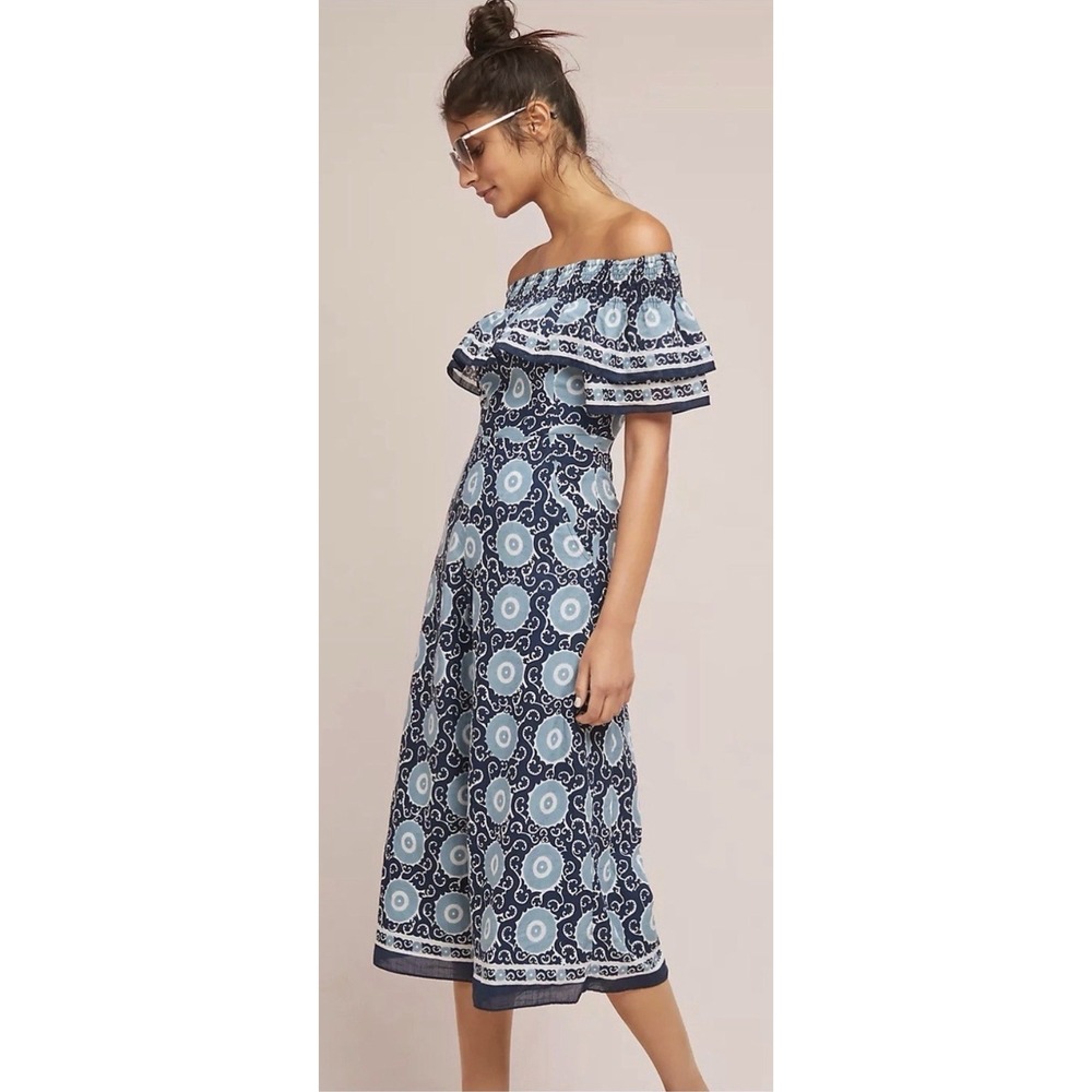 Anthropologie Off-Shoulder Blue Patterned Boho Jumpsuit Kopal Summer Festival